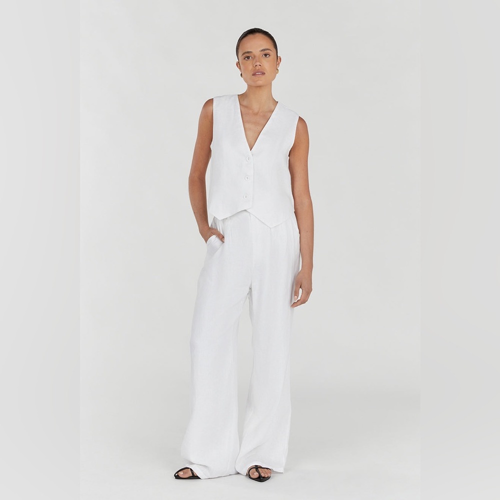 DISSH NORAH White 100% LINEN WIDE LEG TROUSER PANTS Fully Lined Size 6
